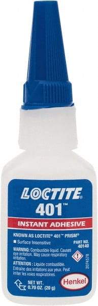 Loctite - 0.70 oz Bottle Clear Instant Adhesive - Series 401, 15 sec Fixture Time, 24 hr Full Cure Time, Bonds to Plastic & Rubber - Eagle Tool & Supply