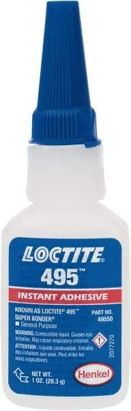 Loctite - 1 oz Bottle Clear Instant Adhesive - Series 495, 20 sec Fixture Time, 24 hr Full Cure Time, Bonds to Metal, Plastic & Rubber - Eagle Tool & Supply