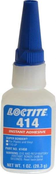 Loctite - 1 oz Bottle Clear Instant Adhesive - Series 414, 20 sec Fixture Time, 24 hr Full Cure Time, Bonds to Metal, Plastic & Rubber - Eagle Tool & Supply