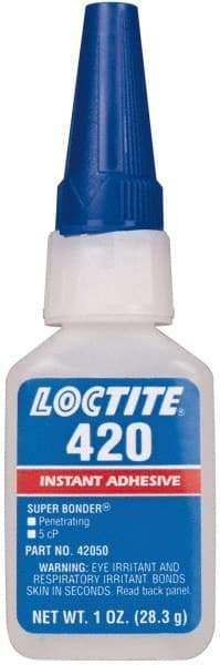 Loctite - 1 oz Bottle Clear Instant Adhesive - Series 420, 20 sec Fixture Time, 24 hr Full Cure Time, Bonds to Metal, Plastic & Rubber - Eagle Tool & Supply