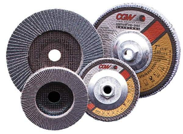 Camel Grinding Wheels - 40 Grit, 5" Disc Diam, 5/8-11 Center Hole, Type 27 Zirconia Alumina Flap Disc - 12,200 Max RPM, Poly Cotton Backing, Arbor Attaching System, Coated - Eagle Tool & Supply
