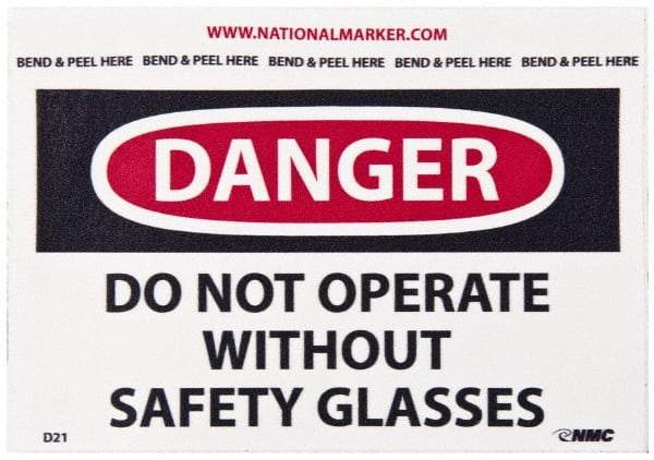 NMC - Accident Prevention Label, Header: DANGER - Legend: Danger - Do Not Operate without Safety Glasses, English, Red, Black & White, 5" Long x 3" High, Sign Muscle Finish - Eagle Tool & Supply