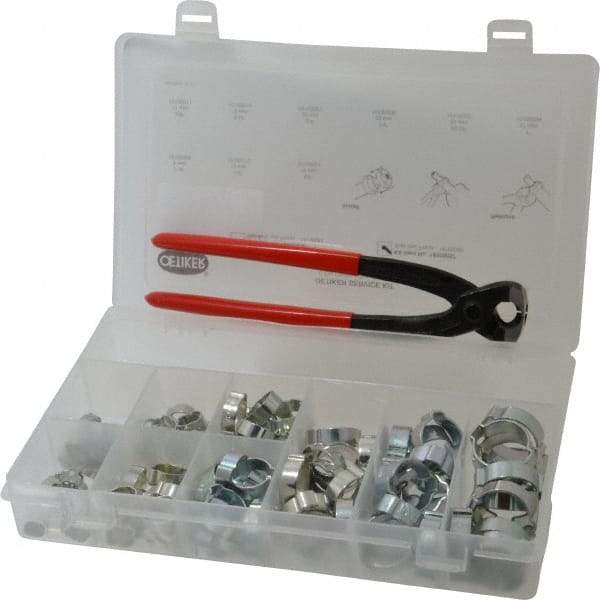 Oetiker - 124 Piece, 5/16 to 1" Diam, 2-Ear Service Clamp Kit - 123 Clamps & 1 Zinc Plated Side Jaw Pincers - Eagle Tool & Supply