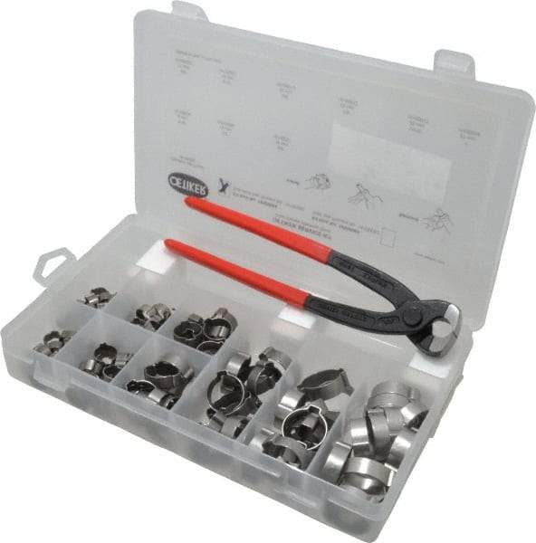 Oetiker - 124 Piece, 5/16 to 1" Diam, 2-Ear Service Clamp Kit - 123 Clamps & 1 Stainless Steel Standard Jaw Pincer - Eagle Tool & Supply