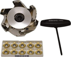 Seco - 3.7" Cut Diam, 1" Arbor Hole, 0.236" Max Depth of Cut, 45° Indexable Chamfer & Angle Face Mill - 6 Inserts, SE.X 43 Insert, Right Hand Cut, 6 Flutes, Through Coolant, Series R220.53 - Eagle Tool & Supply