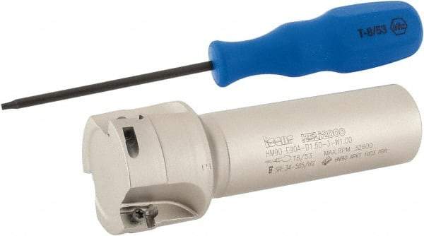 Iscar - 1-1/2" Cut Diam, 0.394" Max Depth of Cut, 1" Shank Diam, 4" OAL, Indexable Square Shoulder End Mill - AP..1003.., HM90 AP..1003.. Inserts, Weldon Shank, 90° Lead Angle, Series Heli2000 - Eagle Tool & Supply