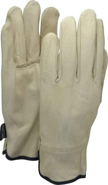 MCR Safety - Size XL (10) Grain Cowhide General Protection Work Gloves - For Work & Driver, Uncoated, Slip-On Cuff, Full Fingered, Cream/Blue, Paired - Eagle Tool & Supply