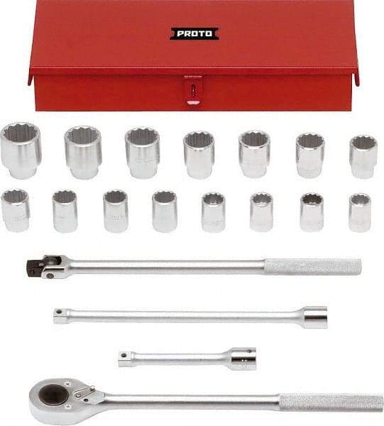 Proto - 19 Piece 3/4" Drive Chrome Finish Socket Set - 12 Points, 24mm to 46mm Range, Metric Measurement Standard - Eagle Tool & Supply