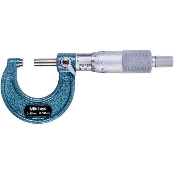 Mitutoyo - 0 to 25mm Range, 0.001mm Graduation, Mechanical Outside Micrometer - Ratchet Stop Thimble, 28mm Throat Depth, Accurate to 0.001mm - Eagle Tool & Supply