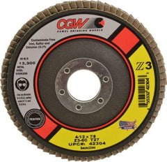 Camel Grinding Wheels - 60 Grit, 4-1/2" Disc Diam, 7/8" Center Hole, Type 27 Zirconia Alumina Flap Disc - 13,300 Max RPM, Poly Cotton Backing, Arbor Attaching System, Coated - Eagle Tool & Supply
