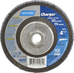 Norton - 40 Grit, 4-1/2" Disc Diam, 5/8-11 Center Hole, Type 29 Zirconia Alumina Flap Disc - 13,000 Max RPM, Fiberglass Backing, Arbor Attaching System, Coated - Eagle Tool & Supply