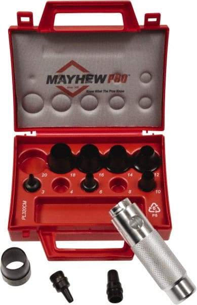 Mayhew - 11 Piece, 3 to 20mm, Hollow Punch Set - Round Shank, Alloy Steel, Comes in Plastic Case - Eagle Tool & Supply