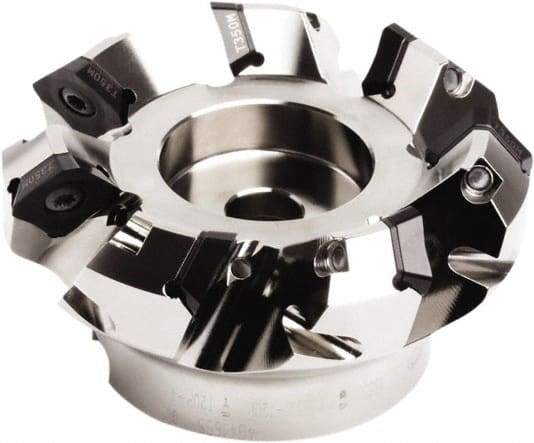 Seco - 116mm Cut Diam, 32mm Arbor Hole, 7.5mm Max Depth of Cut, 45° Indexable Chamfer & Angle Face Mill - 7 Inserts, SE.. 1505 Insert, Right Hand Cut, 7 Flutes, Through Coolant, Series QuattroMill - Eagle Tool & Supply