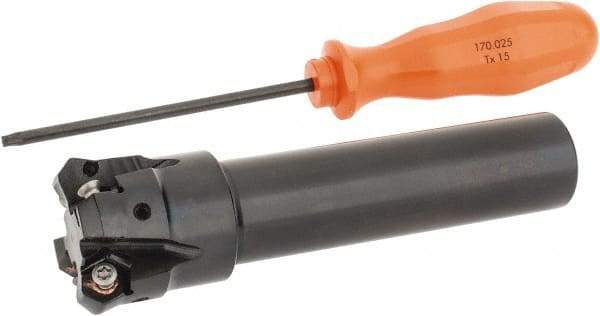 Kennametal - 45° Lead Angle, 39.93mm Max Cut Diam, 1-1/4" Min Cut Diam, 3.23mm Max Depth of Cut, Indexable Chamfer and Angle End Mill - 4 Inserts, HNGJ 0604ANENLD Insert Style, 132.08mm Overall Length, Through Coolant, Straight Shank - Eagle Tool & Supply