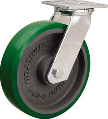 Hamilton - 8" Diam x 2" Wide x 9-1/2" OAH Top Plate Mount Swivel Caster - Polyurethane Mold onto Cast Iron Center, 900 Lb Capacity, Sealed Precision Ball Bearing, 4 x 4-1/2" Plate - Eagle Tool & Supply
