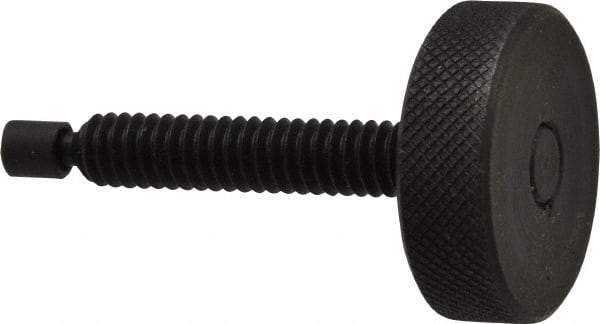 Gibraltar - 1/4-20 Knurled Shoulderless Swivel Pad Tip Steel Thumb Screw - 1-13/16" OAL, 1" Head Diam x 5/16" Head Height, Black Oxide Finish - Eagle Tool & Supply