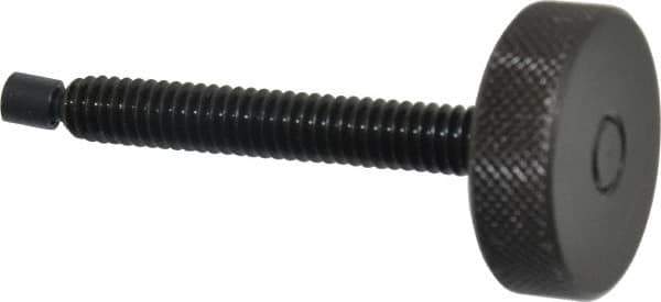 Gibraltar - 1/4-20 Knurled Shoulderless Swivel Pad Tip Steel Thumb Screw - 2-5/16" OAL, 1" Head Diam x 5/16" Head Height, Black Oxide Finish - Eagle Tool & Supply