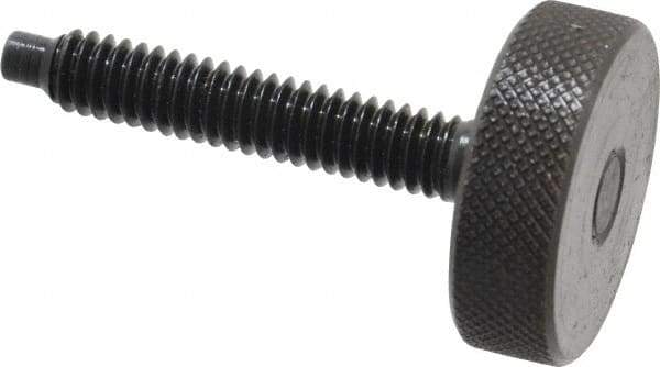 Gibraltar - 1/4-20 Knurled Shoulderless Dog Point Tip Grade 12L14 Steel Thumb Screw - 1-13/16" OAL, 1" Head Diam x 5/16" Head Height, Black Oxide Finish - Eagle Tool & Supply
