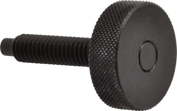 Gibraltar - 5/16-18 Knurled Shoulderless Dog Point Tip Grade 12L14 Steel Thumb Screw - 1-7/8" OAL, 1-1/8" Head Diam x 3/8" Head Height, Black Oxide Finish - Eagle Tool & Supply