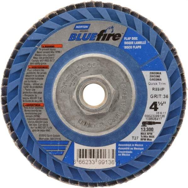 Norton - 36 Grit, 4-1/2" Disc Diam, 5/8-11 Center Hole, Type 27 Zirconia Alumina Flap Disc - 13,300 Max RPM, Cloth Backing, Arbor Attaching System, Coated - Eagle Tool & Supply