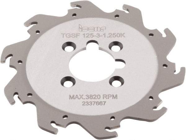 Iscar - Arbor Hole Connection, 0.118" Cutting Width, 1.36" Depth of Cut, 4.921" Cutter Diam, 1-1/4" Hole Diam, 10 Tooth Indexable Slotting Cutter - TGSF Toolholder, TAG N3\x85 Insert, Right Hand Cutting Direction - Eagle Tool & Supply