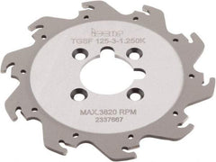 Iscar - Arbor Hole Connection, 0.118" Cutting Width, 1.36" Depth of Cut, 4.921" Cutter Diam, 1-1/4" Hole Diam, 10 Tooth Indexable Slotting Cutter - TGSF Toolholder, TAG N3\x85 Insert, Right Hand Cutting Direction - Eagle Tool & Supply