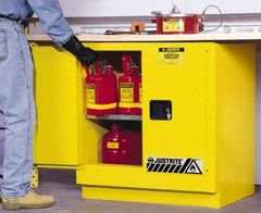 Justrite - 2 Door, 1 Shelf, Yellow Steel Under the Counter Safety Cabinet for Flammable and Combustible Liquids - 35" High x 35" Wide x 22" Deep, Manual Closing Door, 22 Gal Capacity - Eagle Tool & Supply