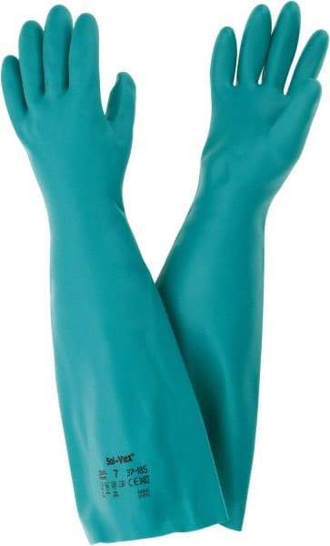 Ansell - Size S (7), 18" Long, 22 mil Thick, Nitrile Chemical Resistant Gloves - Textured Finish, Straight Cuff, ANSI Abrasion Level 5, ANSI Cut Level 0, Green, FDA Approved - Eagle Tool & Supply