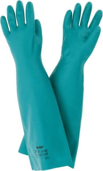 Ansell - Size M (8), 18" Long, 22 mil Thick, Nitrile Chemical Resistant Gloves - Textured Finish, Straight Cuff, ANSI Abrasion Level 5, ANSI Cut Level 0, Green, FDA Approved - Eagle Tool & Supply