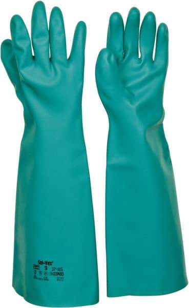 Ansell - Size L (9), 18" Long, 22 mil Thick, Nitrile Chemical Resistant Gloves - Textured Finish, Straight Cuff, ANSI Abrasion Level 5, ANSI Cut Level 0, Green, FDA Approved - Eagle Tool & Supply