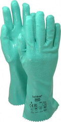 Ansell - Size S (7), 12" Long, 47 mil Thick, Supported, Nitrile Chemical Resistant Gloves - Textured Finish, Cotton Interlock Knit Lined, Gauntlet Cuff, ANSI Abrasion Level 4, ANSI Cut Level 1, Green, FDA Approved - Eagle Tool & Supply