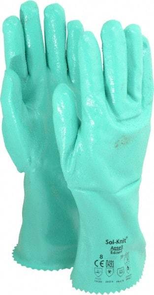 Ansell - Size M (8), 12" Long, 47 mil Thick, Supported, Nitrile Chemical Resistant Gloves - Textured Finish, Cotton Interlock Knit Lined, Gauntlet Cuff, ANSI Abrasion Level 4, ANSI Cut Level 1, Green, FDA Approved - Eagle Tool & Supply