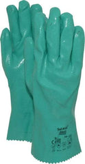 Ansell - Size L (9), 12" Long, 47 mil Thick, Supported, Nitrile Chemical Resistant Gloves - Textured Finish, Cotton Interlock Knit Lined, Gauntlet Cuff, ANSI Abrasion Level 4, ANSI Cut Level 1, Green, FDA Approved - Eagle Tool & Supply