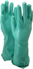 Ansell - Size S (7), 14" Long, 47 mil Thick, Supported, Nitrile Chemical Resistant Gloves - Textured Finish, Cotton Interlock Knit Lined, Gauntlet Cuff, ANSI Abrasion Level 4, ANSI Cut Level 1, Green, FDA Approved - Eagle Tool & Supply