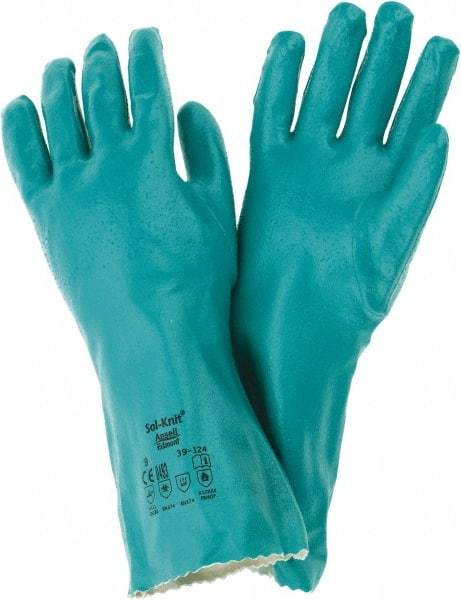 Ansell - Size L (9), 14" Long, 47 mil Thick, Supported, Nitrile Chemical Resistant Gloves - Textured Finish, Cotton Interlock Knit Lined, Gauntlet Cuff, ANSI Abrasion Level 4, ANSI Cut Level 1, Green, FDA Approved - Eagle Tool & Supply