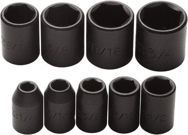 Proto - 9 Piece 3/8" Drive Impact Socket Set - 6 Points, 1/4" to 3/4" Range, Inch Measurement Standard - Eagle Tool & Supply