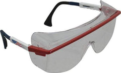 Uvex - Clear Lenses, Framed Safety Glasses - Anti-Fog, Scratch Resistant, Red/White/Blue Plastic Frame, Adjustable Temples, Size Universal, Over the Glasses - Eagle Tool & Supply