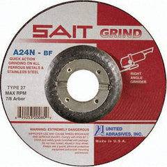 Sait - 24 Grit, 6" Wheel Diam, 1/4" Wheel Thickness, 7/8" Arbor Hole, Type 27 Depressed Center Wheel - Aluminum Oxide, Resinoid Bond, N Hardness, 10,200 Max RPM, Compatible with Angle Grinder - Eagle Tool & Supply