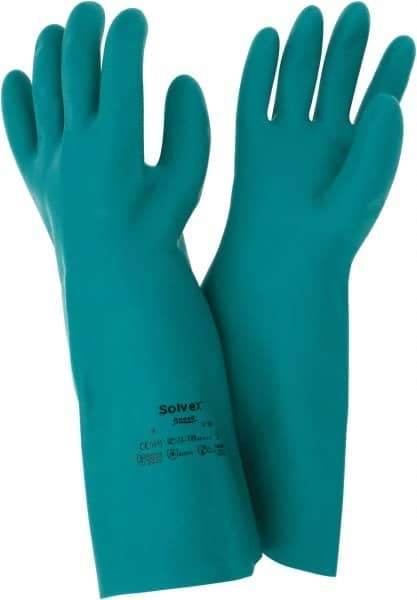 Ansell - Size L (9), 15" Long, 22 mil Thick, Nitrile Chemical Resistant Gloves - Textured Finish, Straight Cuff, ANSI Abrasion Level 5, ANSI Cut Level 0, Green, FDA Approved - Eagle Tool & Supply