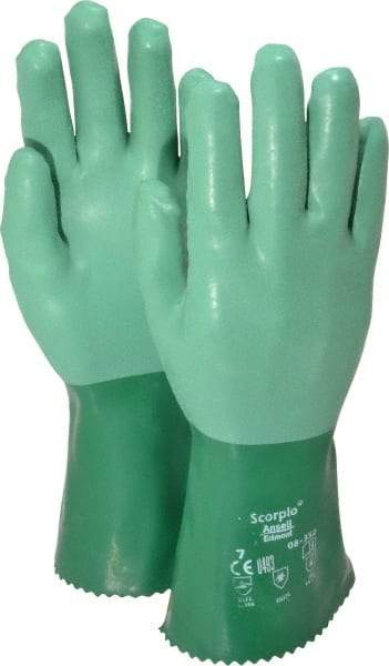 Ansell - Size S (7), 12" Long, 55 mil Thick, Supported, Neoprene Chemical Resistant Gloves - Textured Finish, Cotton Interlock Knit Lined, Gauntlet Cuff, ANSI Abrasion Level 3, ANSI Cut Level 1, Green - Eagle Tool & Supply