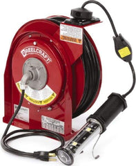 Reelcraft - 16 AWG, 50' Cable Length, Cord & Cable Reel with LED Light End - 1 Outlet, NEMA 5-15R, 13 Amps, 125 Volts, SJTOW Cable, Red Reel, Spring Driven Reel - Eagle Tool & Supply