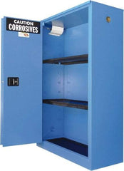 Securall Cabinets - 2 Door, 2 Shelf, Blue Steel Standard Safety Cabinet for Corrosive Chemicals - 65" High x 43" Wide x 18" Deep, Sliding Door, 3 Point Key Lock, 45 Gal Capacity - Eagle Tool & Supply