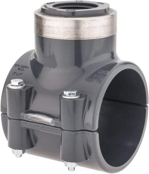 Value Collection - 3 x 1-1/4" PVC Plastic Pipe Clamp On Saddle with Viton O-Ring - Schedule 80, Pipe O.D. x SR Fipt End Connections - Eagle Tool & Supply