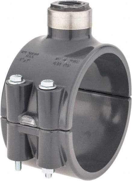 Value Collection - 4 x 1/2" PVC Plastic Pipe Clamp On Saddle with Viton O-Ring - Schedule 80, Pipe O.D. x SR Fipt End Connections - Eagle Tool & Supply