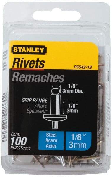 Stanley - Steel Color Coded Blind Rivet - Steel Mandrel, 0.062" to 1/8" Grip, 1/4" Head Diam, 0.125" to 0.133" Hole Diam, 0.275" Length Under Head, 1/8" Body Diam - Eagle Tool & Supply