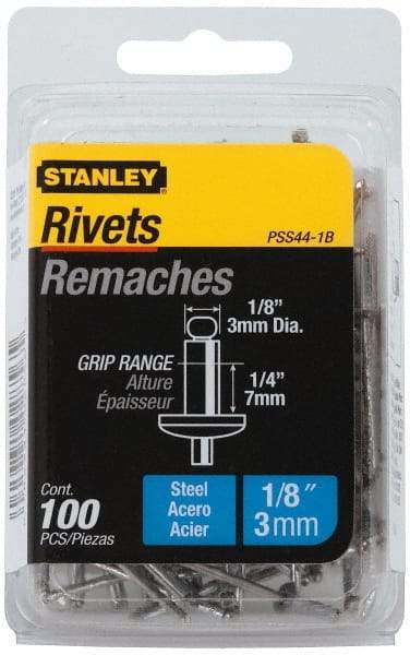 Stanley - Steel Color Coded Blind Rivet - Steel Mandrel, 3/8" to 1/2" Grip, 1/4" Head Diam, 0.125" to 0.133" Hole Diam, 0.65" Length Under Head, 1/8" Body Diam - Eagle Tool & Supply