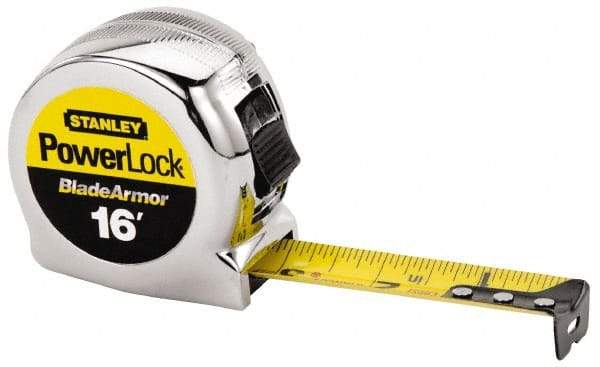 Stanley - 16' x 1" Yellow Blade Tape Measure - 1/32 & 1/16" Graduation, Inch Graduation Style, Silver Case - Eagle Tool & Supply