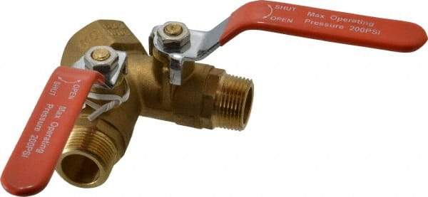 Midwest Control - 3/4 x 1" Pipe, Standard Port, Brass Standard Ball Valve - 2 Piece, Three Way, FNPT x MNPT x MNPT Ends, Lever Handle, 250 WOG, 150 WSP - Eagle Tool & Supply