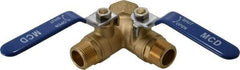 Midwest Control - 3/4 x 1" Pipe, Standard Port, Brass Standard Ball Valve - 2 Piece, Three Way, FNPT x MNPT x MNPT Ends, Lever Handle, 600 WOG, 150 WSP - Eagle Tool & Supply