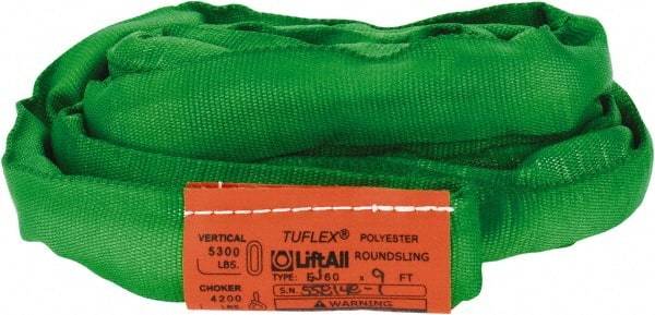 Lift-All - 9' Long x 1-3/8" Wide, Polyester Web Sling - 4,200 Lb Choker Capacity, 7/8" Diam Chain, Green - Eagle Tool & Supply